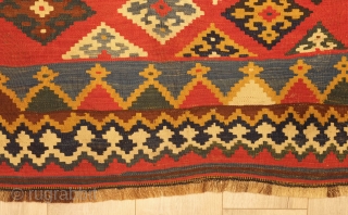 Qashqa'i Kilim, 19th century, possibly 3rd quarter.  Good colors.  Some holes as seen in the last few images.  The colors are mellowed and the serrated border is wonderfully framed  ...