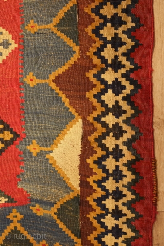 Qashqa'i Kilim, 19th century, possibly 3rd quarter.  Good colors.  Some holes as seen in the last few images.  The colors are mellowed and the serrated border is wonderfully framed  ...