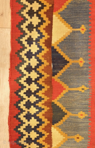 Qashqa'i Kilim, 19th century, possibly 3rd quarter.  Good colors.  Some holes as seen in the last few images.  The colors are mellowed and the serrated border is wonderfully framed  ...