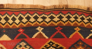 Qashqa'i Kilim, 19th century, possibly 3rd quarter.  Good colors.  Some holes as seen in the last few images.  The colors are mellowed and the serrated border is wonderfully framed  ...