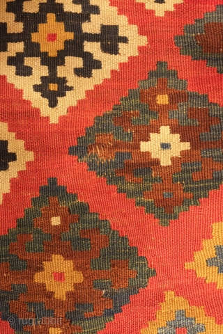 Qashqa'i Kilim, 19th century, possibly 3rd quarter.  Good colors.  Some holes as seen in the last few images.  The colors are mellowed and the serrated border is wonderfully framed  ...