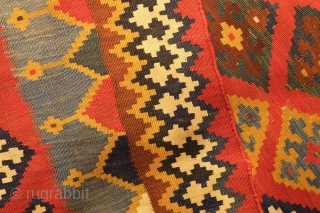 Qashqa'i Kilim, 19th century, possibly 3rd quarter.  Good colors.  Some holes as seen in the last few images.  The colors are mellowed and the serrated border is wonderfully framed  ...