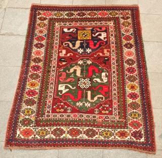 Chondzoresk rug, Late 19th century to early 1900s.  Fantastic colors.  Thick pile.  One small repair shown in the last image.  136 x 174 cm.  Contact at danauger@tribalgardenrugs.com 