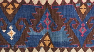 Sinanli kilim, 19th century. The motifs in green-blue have a wonderful archaic drawing.  Areas throughout have been stitched over to secure them in the older way of repai but it is  ...
