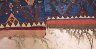 Sinanli kilim, 19th century. The motifs in green-blue have a wonderful archaic drawing.  Areas throughout have been stitched over to secure them in the older way of repai but it is  ...