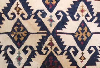 Sinanli kilim, 19th century. The motifs in green-blue have a wonderful archaic drawing.  Areas throughout have been stitched over to secure them in the older way of repai but it is  ...