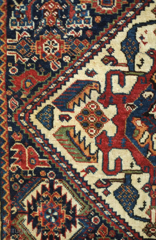 Kashkuli, Qashqa'i Khorjin, Mid-19th century. Excellent, fine weave. Fantastic colors. A couple areas of damage shown in the images. Bag face 64 x 57 cm, full length 107 cm. Contact danauger@tribalgardenrugs.com  