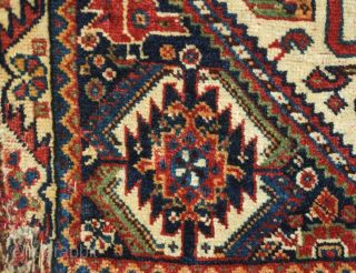 Kashkuli, Qashqa'i Khorjin, Mid-19th century. Excellent, fine weave. Fantastic colors. A couple areas of damage shown in the images. Bag face 64 x 57 cm, full length 107 cm. Contact danauger@tribalgardenrugs.com  