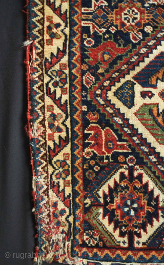 Kashkuli, Qashqa'i Khorjin, Mid-19th century. Excellent, fine weave. Fantastic colors. A couple areas of damage shown in the images. Bag face 64 x 57 cm, full length 107 cm. Contact danauger@tribalgardenrugs.com  