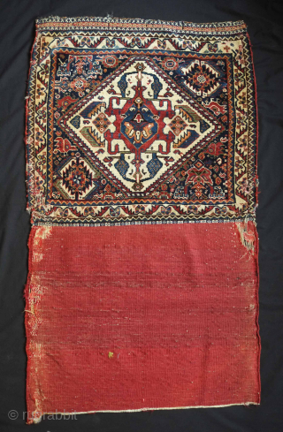 Kashkuli, Qashqa'i Khorjin, Mid-19th century. Excellent, fine weave. Fantastic colors. A couple areas of damage shown in the images. Bag face 64 x 57 cm, full length 107 cm. Contact danauger@tribalgardenrugs.com  