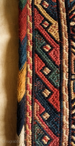 Kordi bag, Early 20th Century. Nice tight extra-weft wrapping and finely composed.  Striking border. Most colors are natural but the tan is fuschin or another chemical dye.  The back is  ...