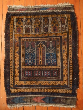 Baluch Se Mihrab Rug, Herat area, 19th century. Good age and design. Camel wool all around.  Kilim ends in good shape.  Some sections of lower pile in the mihrab area  ...