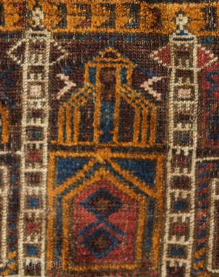 Baluch Se Mihrab Rug, Herat area, 19th century. Good age and design. Camel wool all around.  Kilim ends in good shape.  Some sections of lower pile in the mihrab area  ...
