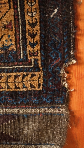 Baluch Se Mihrab Rug, Herat area, 19th century. Good age and design. Camel wool all around.  Kilim ends in good shape.  Some sections of lower pile in the mihrab area  ...