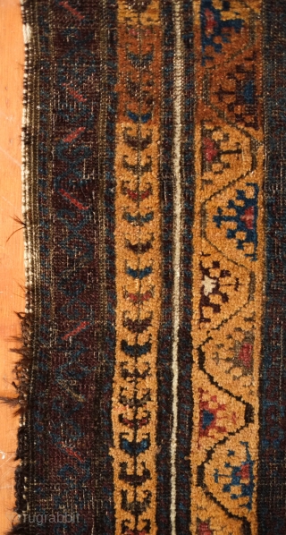 Baluch Se Mihrab Rug, Herat area, 19th century. Good age and design. Camel wool all around.  Kilim ends in good shape.  Some sections of lower pile in the mihrab area  ...