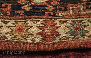 Shahsavan soumak chanteh, 19th century. Wonderful colors, all or mostly natural dyes, and evocative earth tones. Striped back in natural colors of wool and natural dyes. 30 x 38 cm. ...