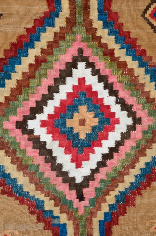 South Azerbaijan Kilim, Late 19th Century.  Camel wool field surrounded by white border with striking colorful medallions.  Excellent colors.  It has a couple of stains, one on the upper  ...