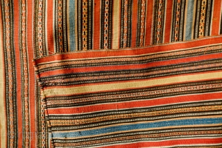 Shahsavan Silk Jajim, Late 19th century.  Very fine weave and good colors.  A couple small stains and a small section of darning.  Additional warp-float weaving in the patterened stripes.  ...