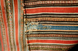 Shahsavan Silk Jajim, Late 19th century.  Very fine weave and good colors.  A couple small stains and a small section of darning.  Additional warp-float weaving in the patterened stripes.  ...