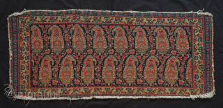 Senneh mafrash side panel, 19th century.  Wonderful alternating botehs with sweet greens and yellows.  109 x 46 cm.  Contact danauger@tribalgardenrugs.com
          