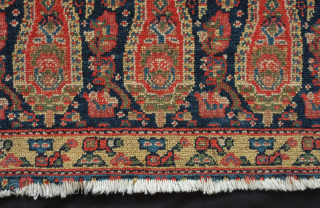 Senneh mafrash side panel, 19th century.  Wonderful alternating botehs with sweet greens and yellows.  109 x 46 cm.  Contact danauger@tribalgardenrugs.com
          