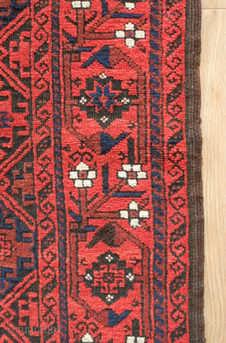 Baluch rug, late 19th century, Khorasan. Wonderful border, soft wool and excellent condition.   104 x 183 cm.  Contact danauger@tribalgardenrugs.com           