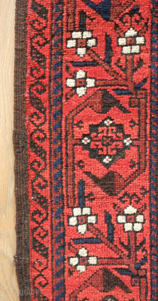 Baluch rug, late 19th century, Khorasan. Wonderful border, soft wool and excellent condition.   104 x 183 cm.  Contact danauger@tribalgardenrugs.com           