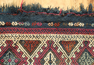 Marash jijim clothing bag. 19th century.  This ethnographic bag has a deep indigo ground and seven colors in the jijim work. These were used to store valuable clothing items. Wonderful colors  ...