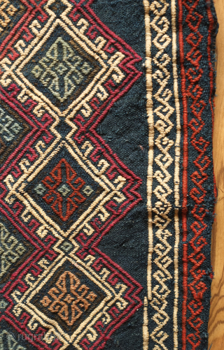 Marash jijim clothing bag. 19th century.  This ethnographic bag has a deep indigo ground and seven colors in the jijim work. These were used to store valuable clothing items. Wonderful colors  ...