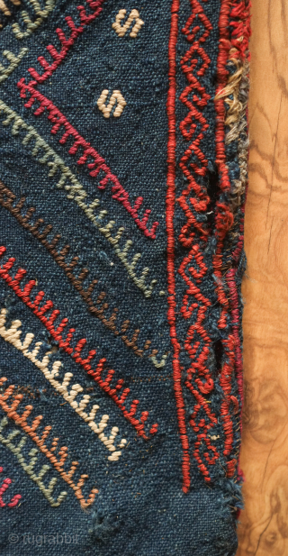 Marash jijim clothing bag. 19th century.  This ethnographic bag has a deep indigo ground and seven colors in the jijim work. These were used to store valuable clothing items. Wonderful colors  ...