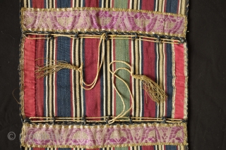 Shahsavan Silk Heybe, Late 19th Century.  Wonderful silk brocade sections on the tops of the bag between the bridge>  Very fine metalic thread tassels and selvedge.  Great attention to  ...