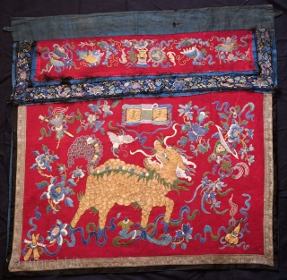 Chinese early 20th century embroidery.  Silk and gold thread.  Playful yet slightly ferocious fu dog design surrounded by 100 antique motifs.  Fish and butterfly motifs appear.  Base fabric  ...