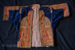 Greek jacket, Late 19th Century.  Very detailed silk and metallic embroidery/cord stitching work on blue velvet cloth. Natural dyes.  Inner lining is an original cotton flannel cloth.  Note the  ...