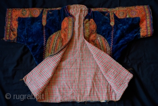 Greek jacket, Late 19th Century.  Very detailed silk and metallic embroidery/cord stitching work on blue velvet cloth. Natural dyes.  Inner lining is an original cotton flannel cloth.  Note the  ...