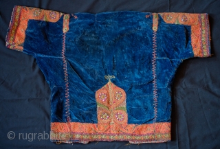 Greek jacket, Late 19th Century.  Very detailed silk and metallic embroidery/cord stitching work on blue velvet cloth. Natural dyes.  Inner lining is an original cotton flannel cloth.  Note the  ...