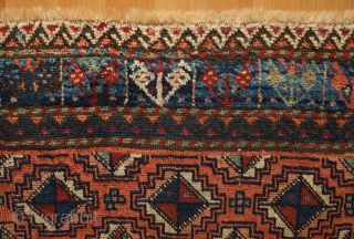 Quchan Baluch, 3rd to 4th Quarter of the 19th century. Beautiful array of colors.  The wool is very soft even if lower in the field.  The field composition has a  ...