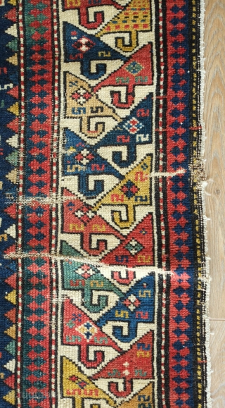 Shirvan Runner, 3rd to 4th Quarter of the 19th Century. Fantastic colors. Hooked medallion aligned in two columns. The rug has some worn spots and a section at the bottom that was  ...