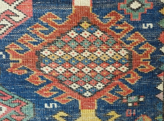 Shirvan Runner, 3rd to 4th Quarter of the 19th Century. Fantastic colors. Hooked medallion aligned in two columns. The rug has some worn spots and a section at the bottom that was  ...