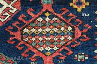 Shirvan Runner, 3rd to 4th Quarter of the 19th Century. Fantastic colors. Hooked medallion aligned in two columns. The rug has some worn spots and a section at the bottom that was  ...