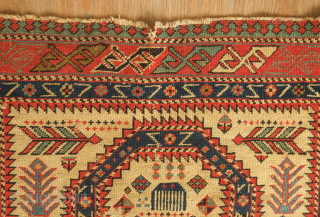 Shirvan prayer rug, mid-19th century or so.  Note the small animal figures in the inner border.  Wear in the field. 77 x 143 cm.  Contact danauger@tribalgardenrugs.com    