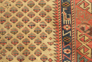 Shirvan prayer rug, mid-19th century or so.  Note the small animal figures in the inner border.  Wear in the field. 77 x 143 cm.  Contact danauger@tribalgardenrugs.com    