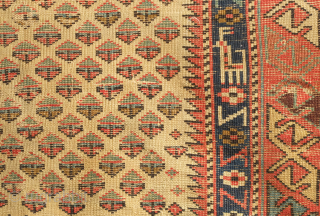Shirvan prayer rug, mid-19th century or so.  Note the small animal figures in the inner border.  Wear in the field. 77 x 143 cm.  Contact danauger@tribalgardenrugs.com    
