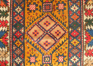 Shirvan rug, 19th century.  Deep yellow field.  Fantastic condition with good pile.    112 x 228 cm. Excellent range of colors numbering 7 or 8 colors including a  ...