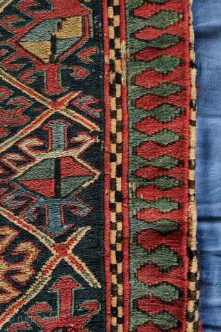 Shahsavan soumak bag, 19th century.  Colors include a wonderful green, deep purple and apricot as well as a deep indigo in the ground.  38 x 36 cm    