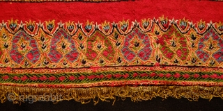 Kerman Embroidery Wall Hanging, Late 19th/early 20th Century. Good colors and workmanship. Loom woven wool ground cloth. Original cotton backing. Metallic thread fringes all around the edges. A gorgeous piece that strikes  ...