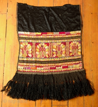 Hungarian silk embroidered apron, Early 20th Century. Silk embroidery on a cotton back with fine braided black silk tassels.  There is a stain on one of the floral sections.  Wonderful  ...