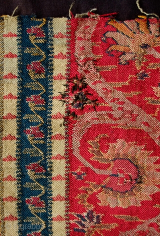 Kashmir Long Shawl Fragment, Early 19th Century. Woven in one long piece. Wide bands of elegant scrolling floral vines. It has a couple of areas of darning.  A wonderful example and  ...