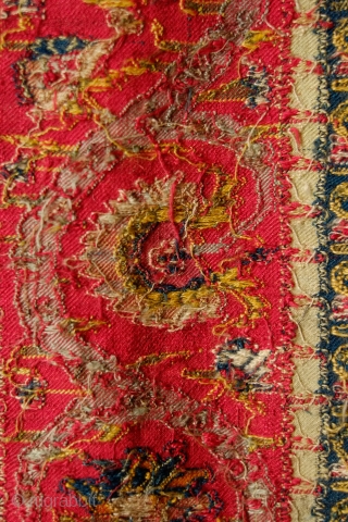 Kashmir Long Shawl Fragment, Early 19th Century. Woven in one long piece. Wide bands of elegant scrolling floral vines. It has a couple of areas of darning.  A wonderful example and  ...