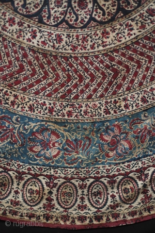 Kalemkar, Isfahan, Late 19th Century.  Very fine cotton as well as the blockprint workmanship.  The backing is a silk fabric meticulously stitched onto the kalemkar in concentric circles to prevent  ...