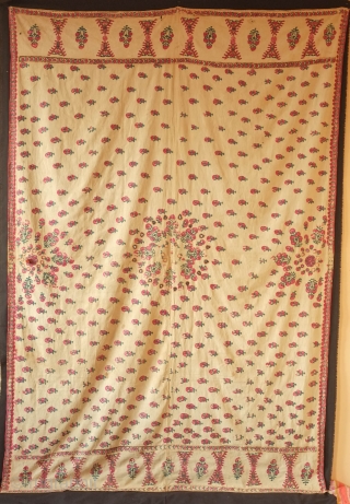 Sindh Odhani Woman's Wedding Shawl, 19th century.  Green and red silk floral motifs around a central medallion.  Some wear in the central medallion.  A nice older one.  143  ...